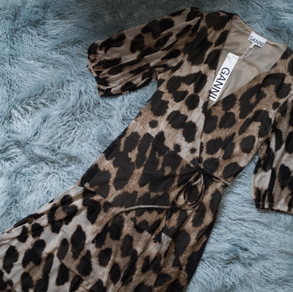 Ganni Leopard Mesh Wrap Dress Size 8 - Picture 5 of 6